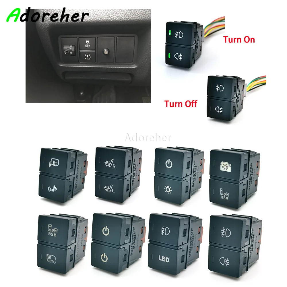 

1PC Car Green LED Double Button Fog Lights Music Radar Power Camera BSM Dual Power Switch With Wire for Honda