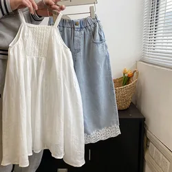 Kids Pants Girls White Dress Summer Korean 2024 Baby Forest Sleeveless Sling Children Clothing Princess Simple Embroidery