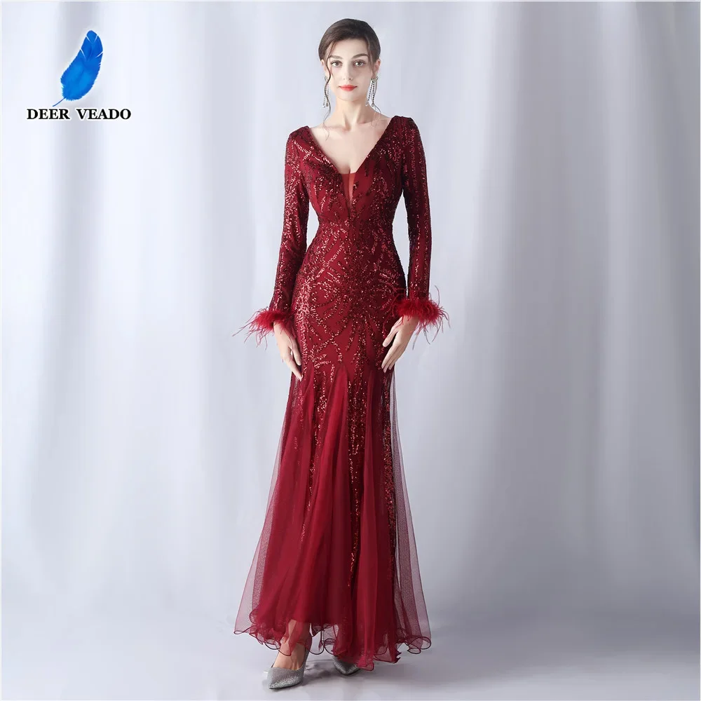 DEERVEADO 10 Colors Elegant Mermaid Deep V Neck Sequins Evening Dress for Woman Full Sleeves Formal Dress Party Maxi Dresses