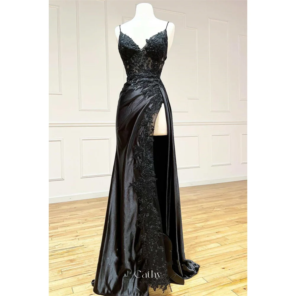 Cathy Black Lace Embroidery Satin Prom Dress Spaghetti Strap Mermaid فساتين سهرة Elegant Floor-length vestidos de fiesta 2024