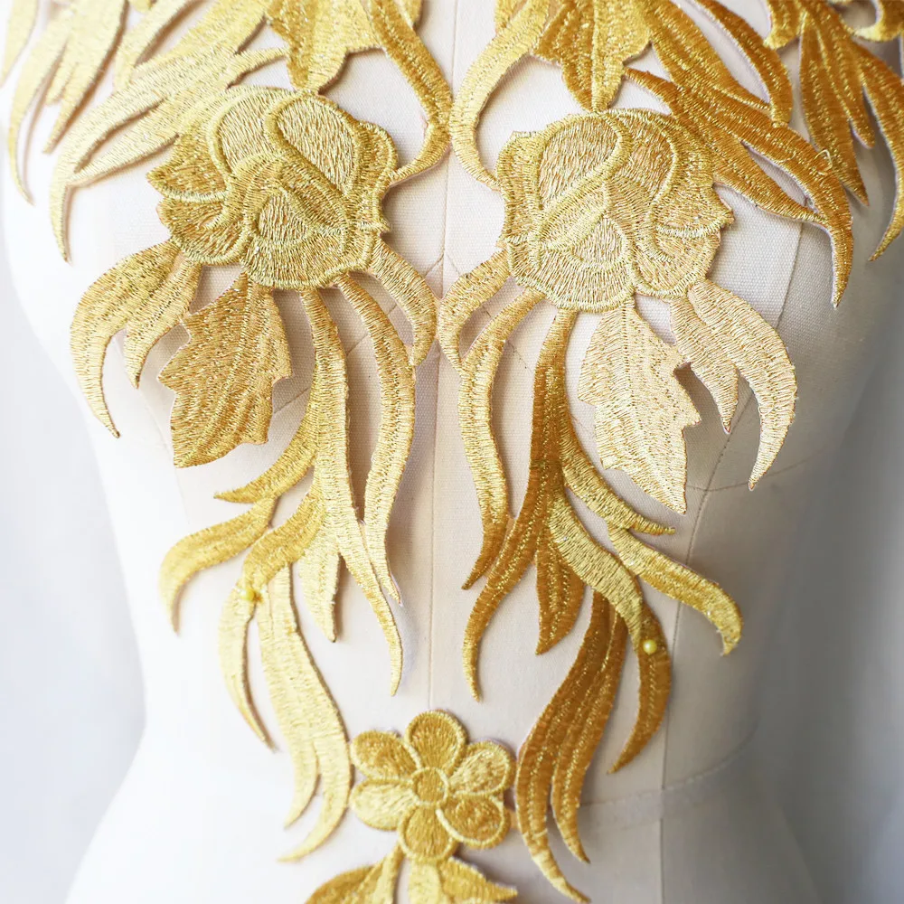 Large Embroidery Baroque Gold Flower Applique Fabric Collar Sew Iron Patch Wedding Bridal Gown Dress DIY Clothes Decor Crafts