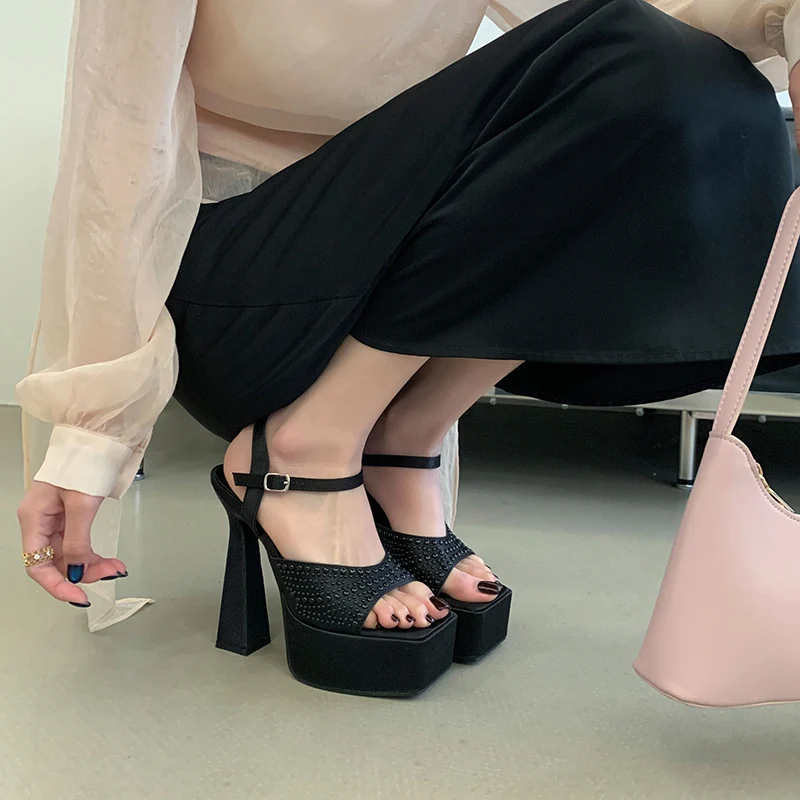 15cm Chunky Platform Shoes Pink High Heels Sandals For Woman Summer Ladies Party Shoes Fashion Pearl Heeled Sandals Big Size 41 view 4