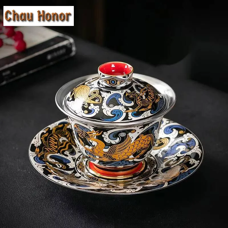 

170ml Handmade Gold Coin Taotie Gaiwan High End Anti Scalding Gilded Silver Tea Tureen Tea Making Bowl Tea Ceremony Collection