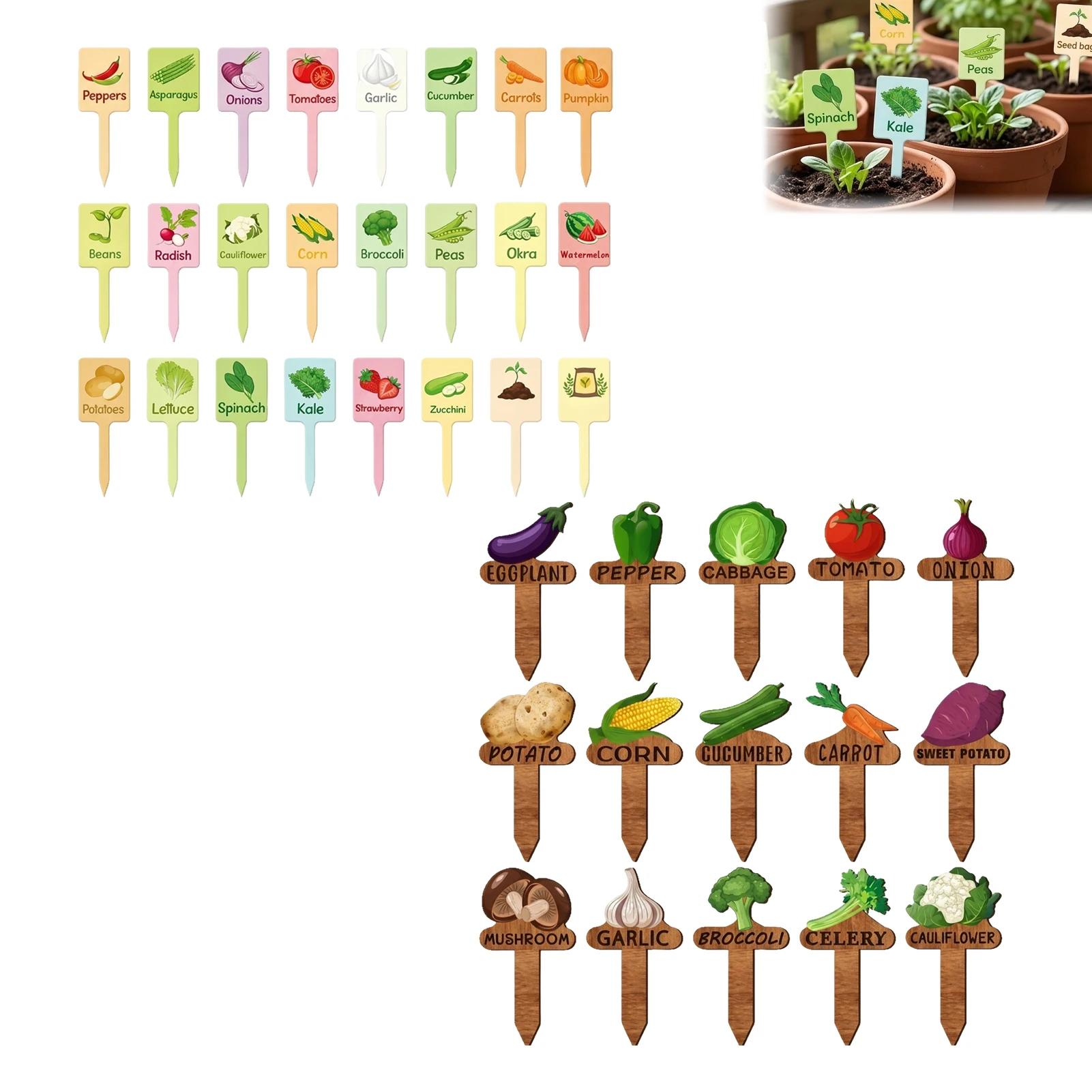 24pcs Plant Label Stakes Vegetable Name Tag with Pattern Wood Plant Garden Sign Seed Indoor and Outdoor Potted Plants Stakes