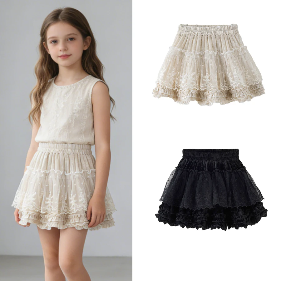 

Girl Tiered Ruffle Maxi Skirt School Kids Lace Trim Layered Tulle Skirt Elastic Waist A Line Short Skirt Casual Party Daily Wear