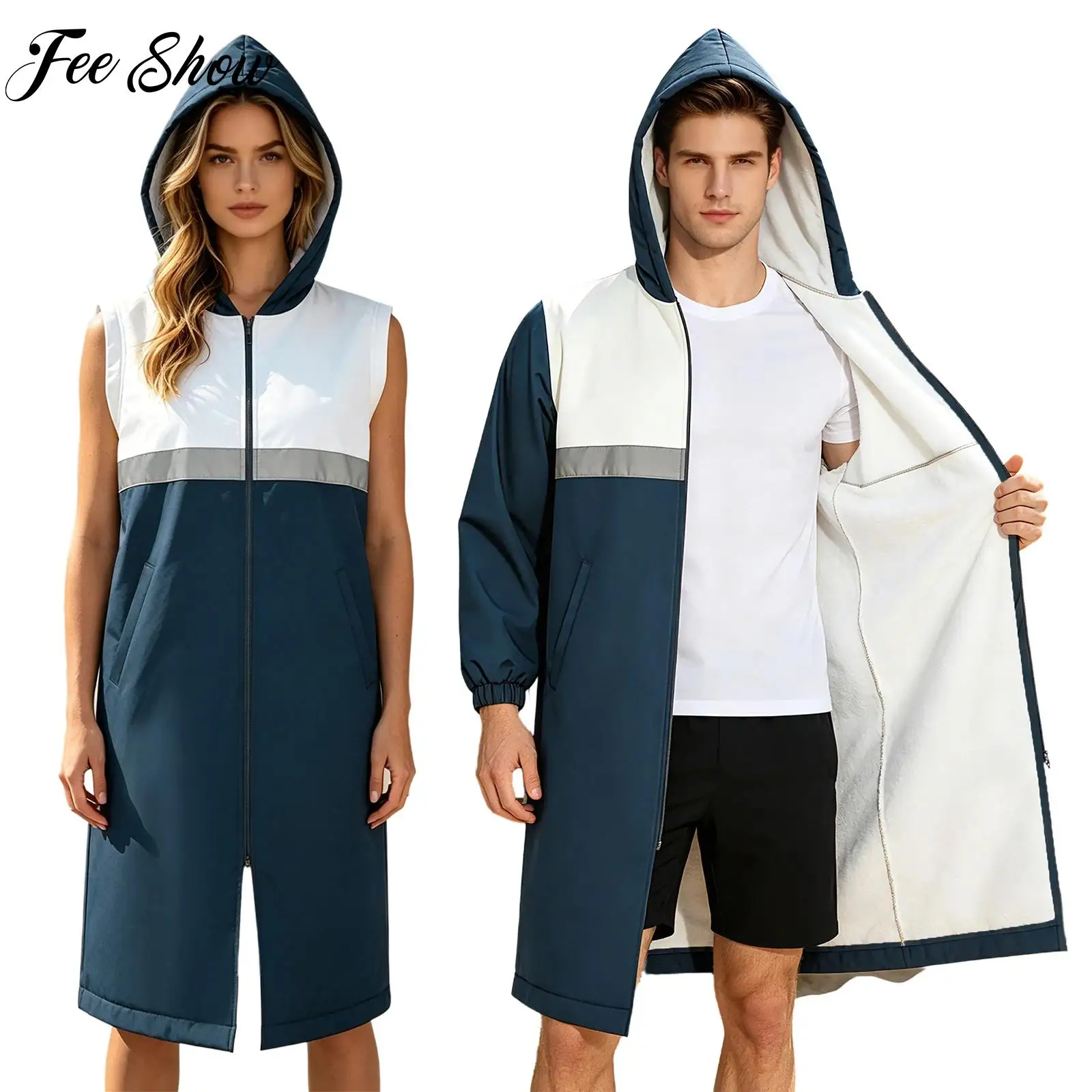 

Unisex Adult Swim Parka Hooded Jacket with Fleece Lining Reflective Strip Front Zipper Waterproof Swim Cover-up Warm Coat