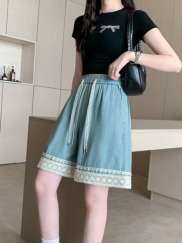 

Summer New plus Size Women's Loose Wide Leg Korean Style Lace Trim Five-Quarter Shorts Jeans High Waist Denim Fabric Casual S...