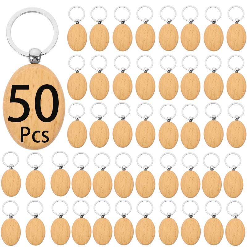 

50Pcs Blank Wooden Key Chain Wood Keychain Key Ring Key Tags