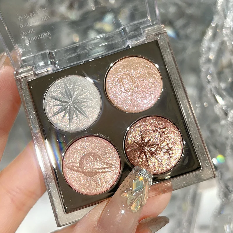 4-kleuren Planet Diamond Glitter Oogschaduwpalet Aurora Paars Metallic Glinsterende Gebakken Poeder Markeerstift Oogschaduw Make-up
