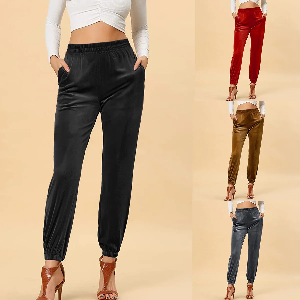 Women Casual High Waist Harem Velvet Pants Relaxed Fit Elastic Waist Velvet Velour Joggers