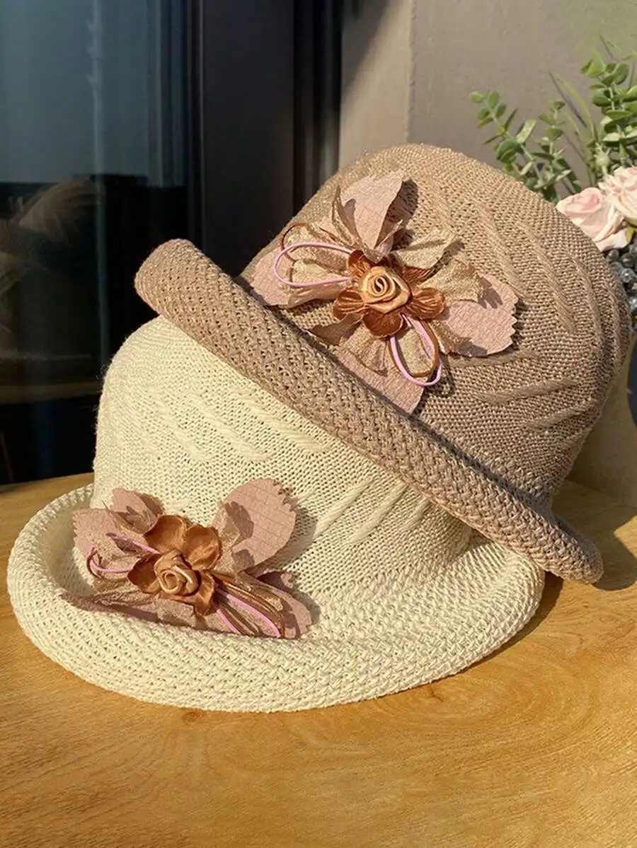 Women's Elegant Retro 3D Floral Decor Rolled Brim Straw Hat Lightweight Hollow Crochet Bucket Hat Sun Protection Hat