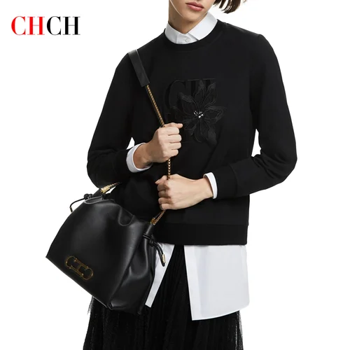 Imagen 1 del producto CHCH Sudadera con capucha para mujer Nuevo top negro bordado con cuello redondo para mujer