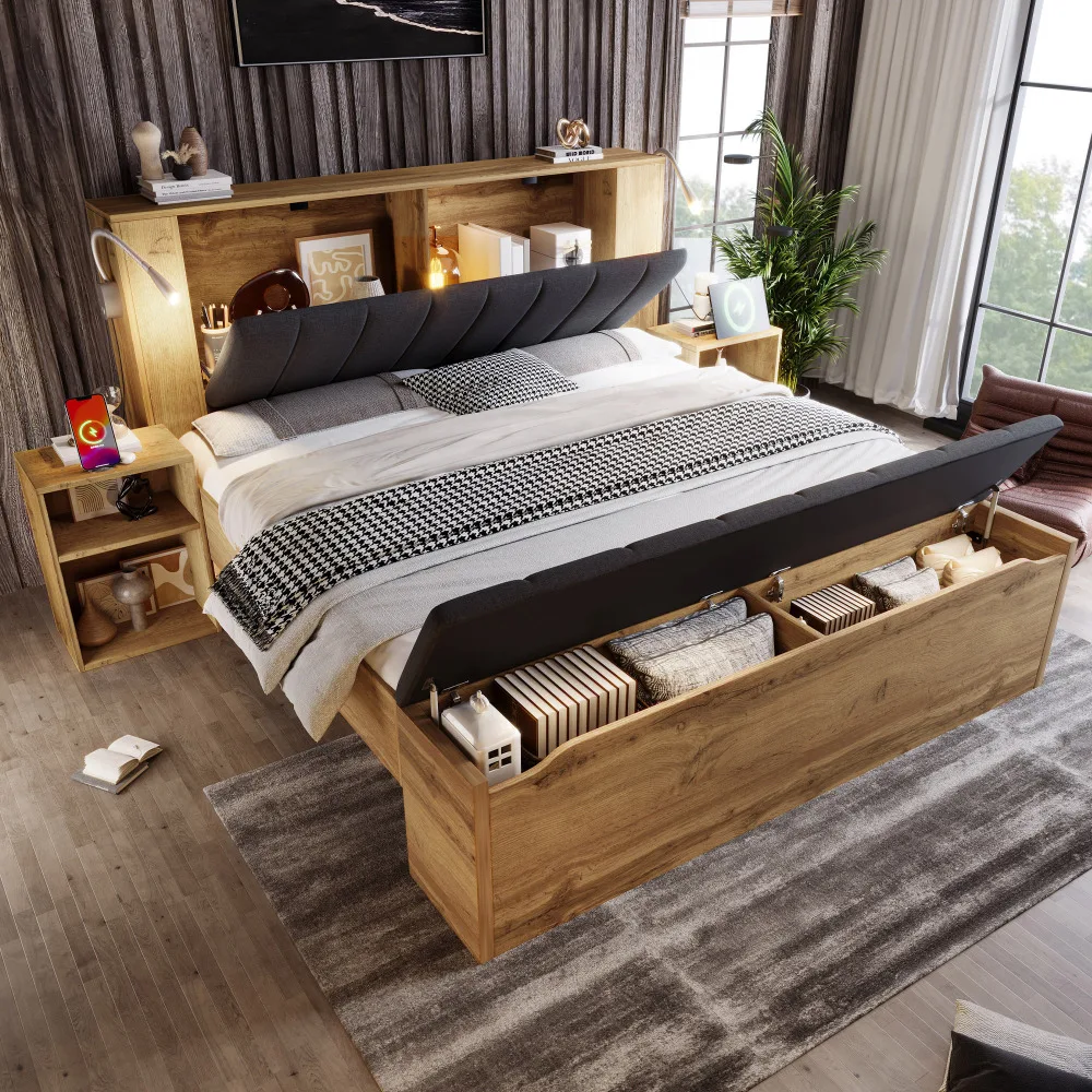 Lit double en bois avec tête de lit rabattable, linge de lit, lit avec espace de rangement et deux tables de chevet, lampes de lecture avec USB, grille en ardoise