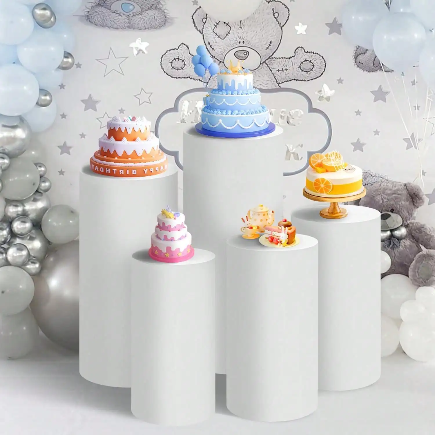 5pcs Round Dessert Display Stands, White Wedding Cylinder Pedestal, Cake Display Stand, Suitable For Birthday Party, Shower Party, Holiday Table Decor, Christmas Party Supplies, Birthday Party Supplies