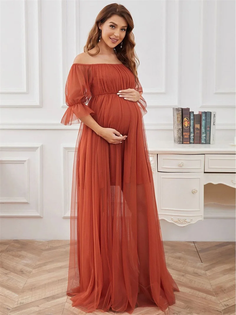 マタニティマキシドレス、柔らかく軽量なメッシュロングガウン、ゆったりフィット、妊婦向け、マタニティフォトシュート、イブニングパーティーウェア