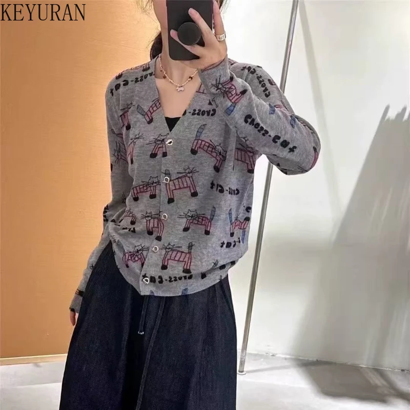 

Женские жаккардовые вязаные кардиганы с рисунком кота, весенне-осенние однобортные укороченные топы с v-образным вырезом и длинными рукавами, модные шикарные свитера