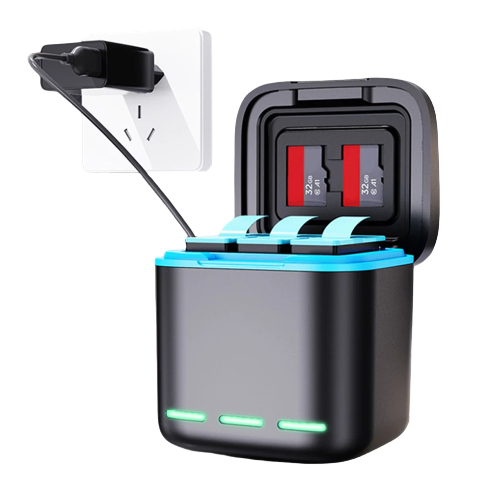 Cargador de batería de 3 canales con Cable tipo C, estación de carga de batería, 2 ranuras SD, caja de carga de almacenamiento para GoPro Hero Go Pro 8 7 6 5