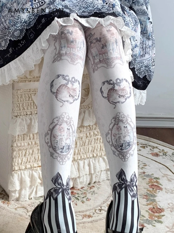 

Чулки в стиле Лолиты для женщин, лето-осень, бархатные колготки с мультяшным принтом, японские милые милые лоскутные сексуальные колготки с высокой талией