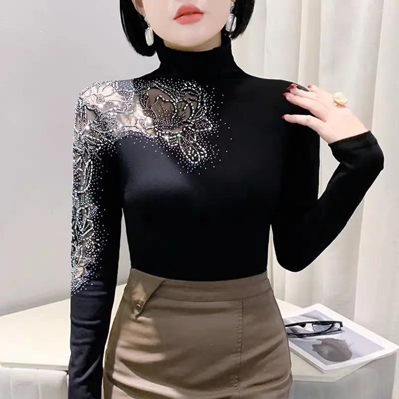 Autumn Winter Cotton Tshirts Tees Women's Full Sleeve Turtleneck High Stretchy T Shirt Female Hollow Out Diamonds Flowers Tops