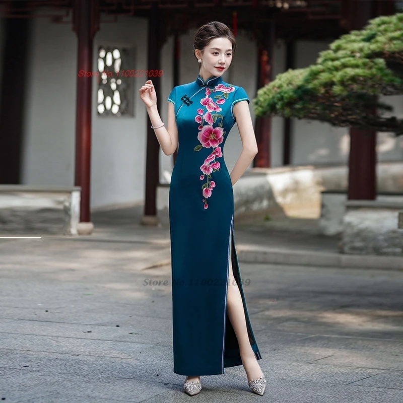 

2026 chinese vintage dress improved qipao national flower embroidery cheongsam banquet evening dress stage performance dress