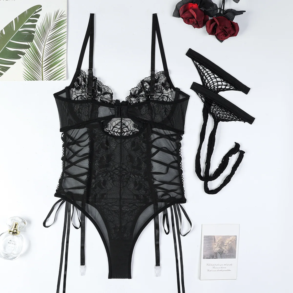 Комплект нижнего белья, прозрачный кружевной ажурный корсет, сексуальные ажурные чулки, подвязки, эротические комплекты нижнего белья для ролевых игр