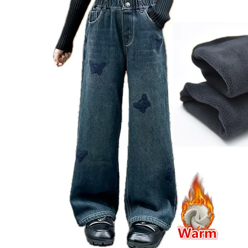 

Child Winter Warm Velvet Jeans for Girls Thicken Fleece-Lined Denim Pants With Butter Fly Kids Thermal Street Trousers For Teens