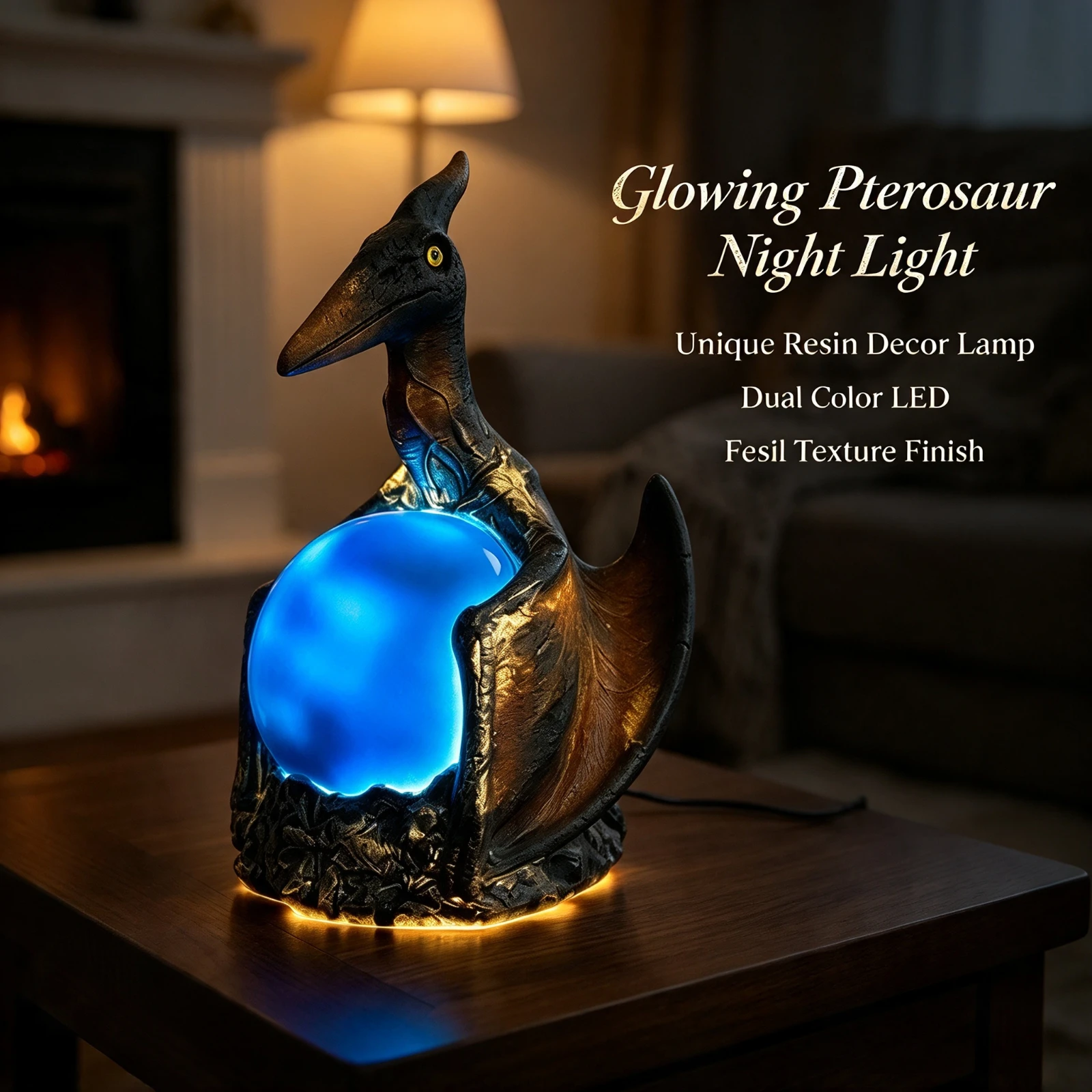 Pterosaur Night Light LED Illuminated, Resin Dinosaur Lamp Bedside Table, Desk Decoration Ornament Home Room, Decor Gift For Kid