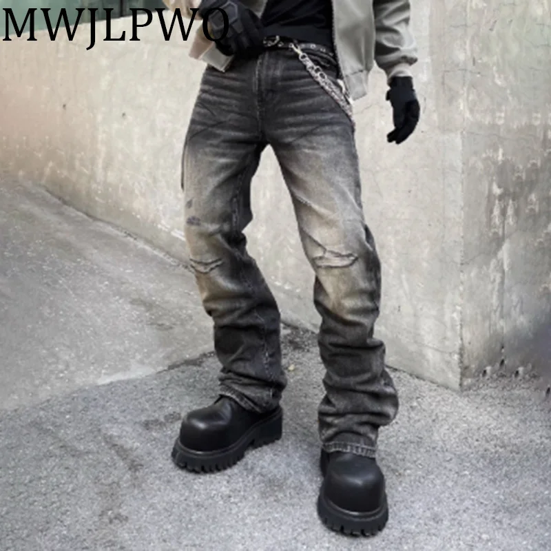 

MWJLPWQ Men's American High Street Distress Black Jeans Destroy Straight Tide Bottom Unisex Casual Loose Flared Trousers 010733