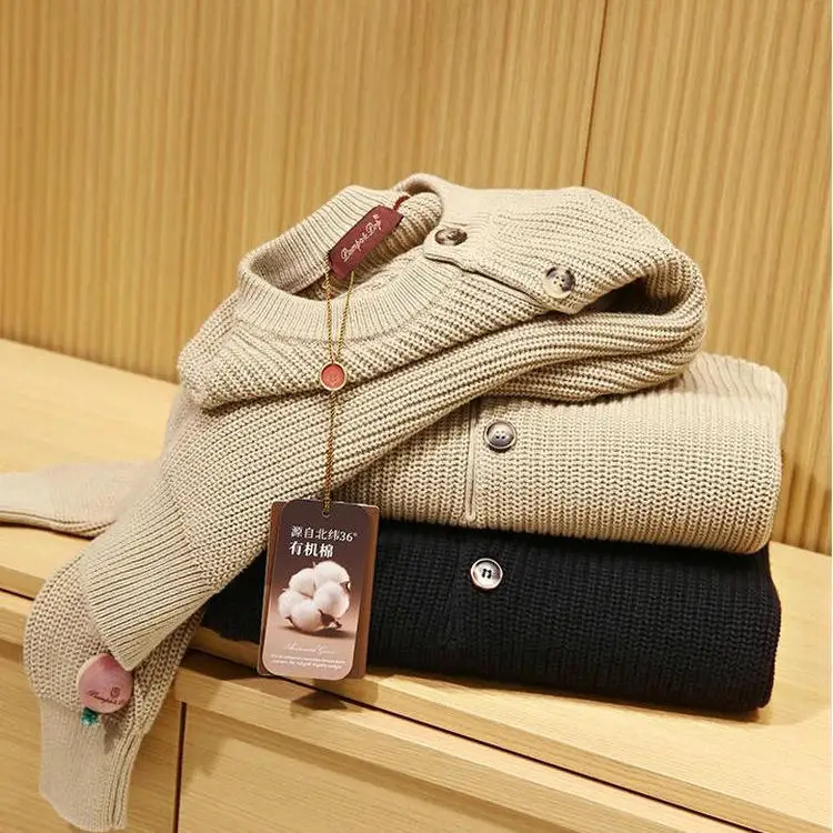 

Свитер свободного кроя из хлопкового трикотажа с воротником хенли, осенне-зимний, повседневный, комфортный, свободный вязаный топ