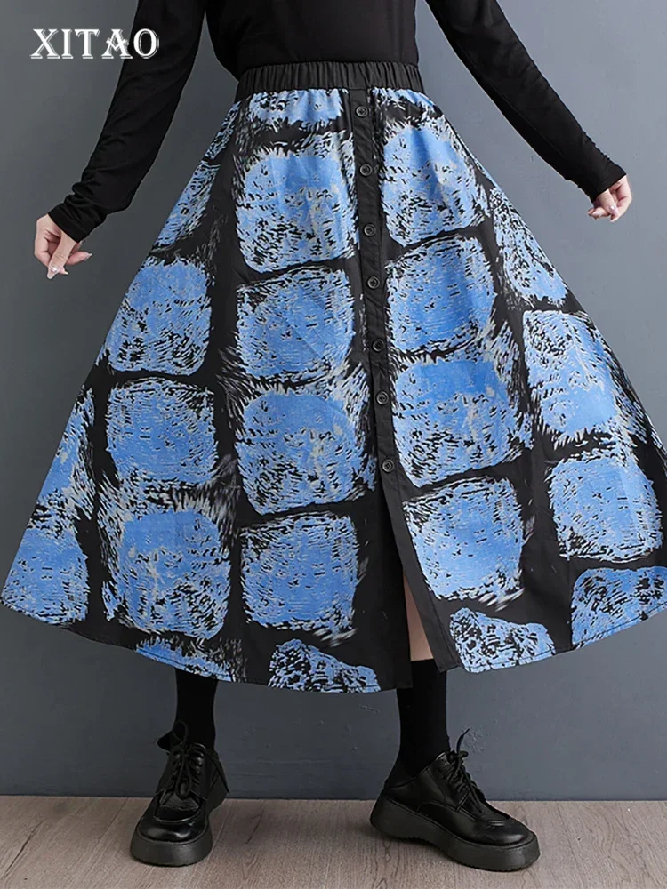 

XITAO Single Breasted Pocket Print Skirts Elastic Waist Korea Loose Mid-calf Fashion Skirts 2024 New Arrival All Match DMJ3367