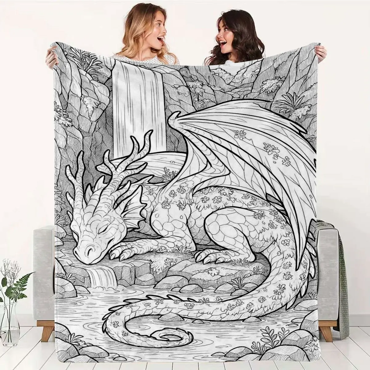 Black and White Dragon Blanket, Adult Coloring Style Fantasy Art Throw for Sofa Bed, Cozy Fleece Decor Gift