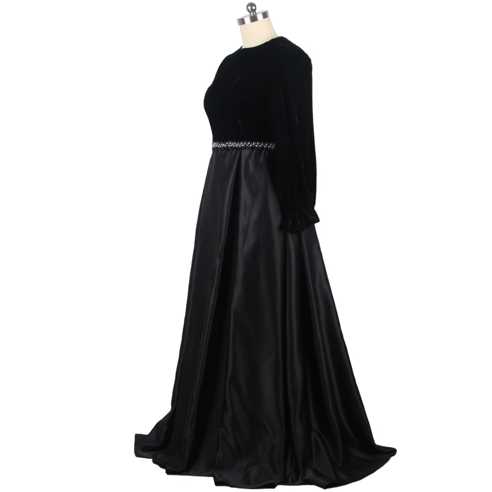 Feelingarden Muslim Black Evening Dresses O-neck Full Sleeves Beading Zipper Back Floor Length Women Plus size Party Dress A1314