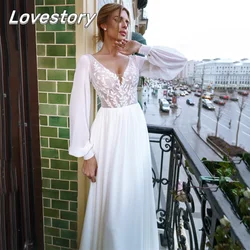 Modern A-Line Wedding Dresses Long Lantern Sleeves V-Neck Bridal Gowns Appliques Bride Robe Sexy Backless Lace Vestidos De Novia