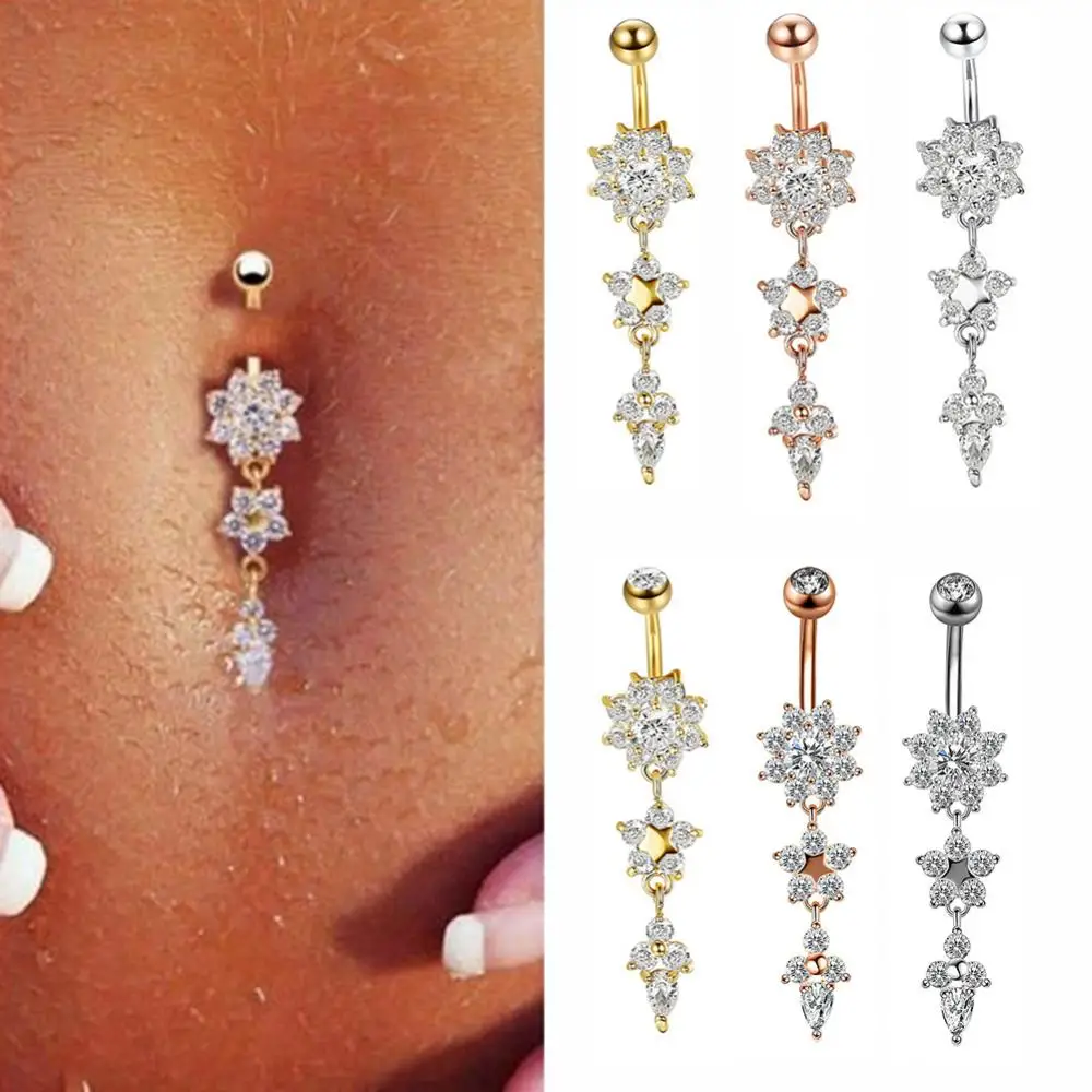 Gold Color Stainless Steel Belly Button Ring CZ Zircon Flower Butterfly Cross Heart 14G 10mm Barbell Navel Piercing Body Jewelry