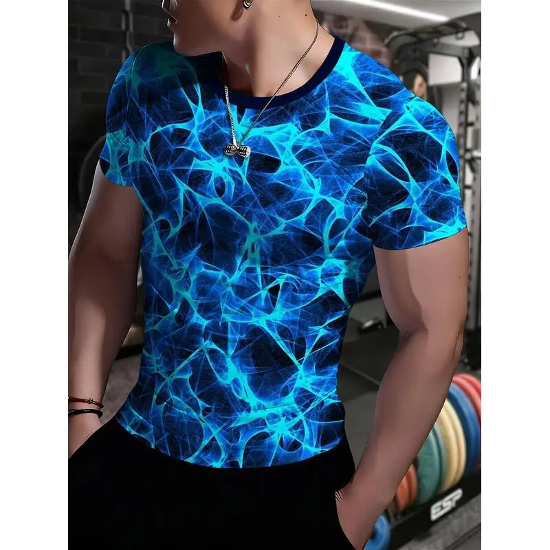 Summer Men's Athletic Short Sleeve T Shirt Elastic Shaping All Over Print Quick Dry Fitness Shirt Body Hugging Muscle Enhancing