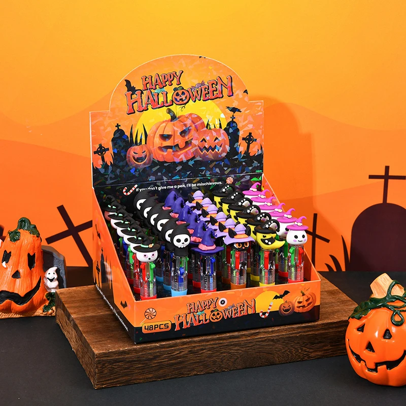 قلم حبر جاف صغير بأربعة ألوان للهالوين لطيف كارتوني 4 ألوان قابل للسحب قلم الكرات الدوّارة هدية مدرسية للطلاب أدوات مكتبية