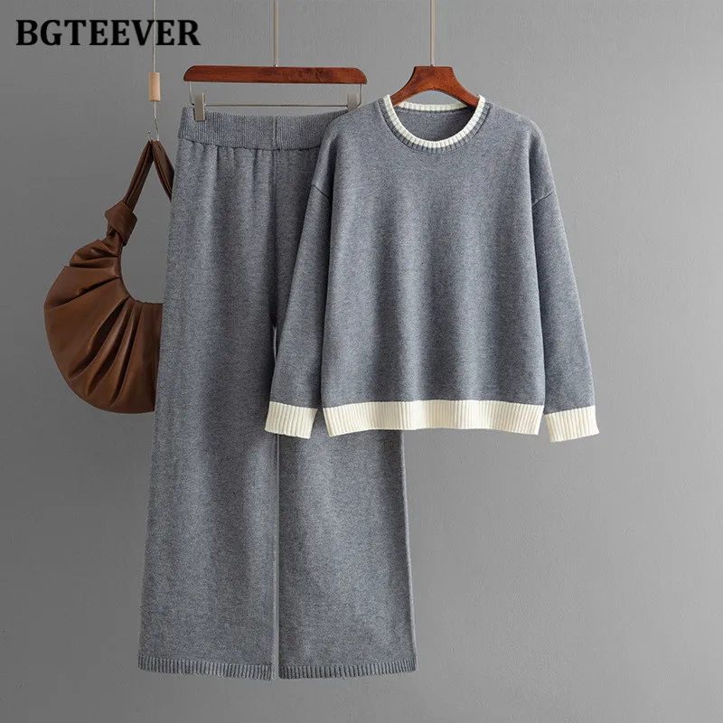 BGTEEVER Casual Warm Loose Female Knitted 2 Pieces Outfits Long Sleeve O-neck Patchwork Sweaters Women Knitted Wide Leg Pants
