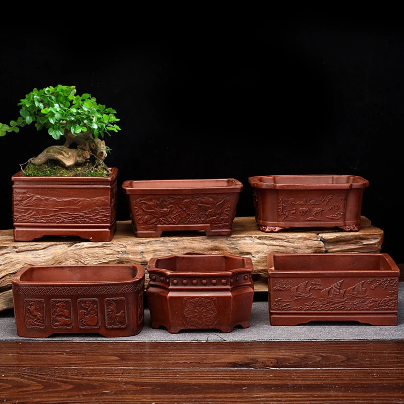 

Chinese Purple Sand Rectangular Antique Hand Carved Patterns Orchid Flowerpots Household Tabletop Square Plant Succulent Pot