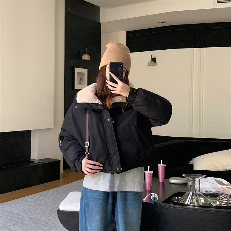 

2025 New All-match Cotton Padded Jackets Wintrt Women's Short Style Loose Fashion Wool Lapel Collar Cotton Jacket Bread Coat