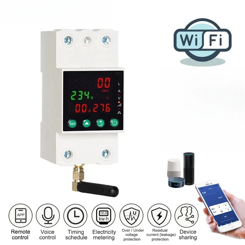 2P Single Phase 63A WiFi Din Rail Protector Auto Reclose Energy Meter Over Under Voltage Leakage Timing Voice Remote Switch