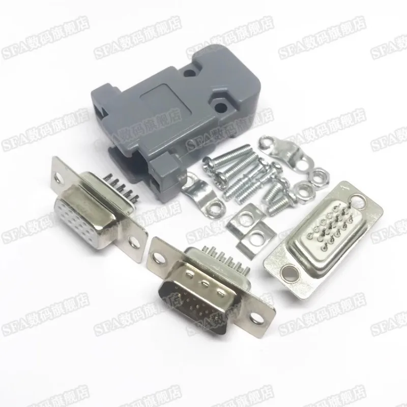 Hdb15 Male and Female Vga15P Three Rows 15-Pin Serial Port Plug Welding Wire White Glue Traditional Terminal Plastic Shell Iron Shell