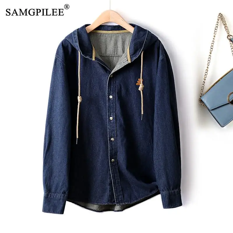 

Women's Spring Jacket Fashion Denim 2023 New Outerwear Casual Old Denim Hooded Shirt Cuffs Loose Autumn Korean Women's Clothes