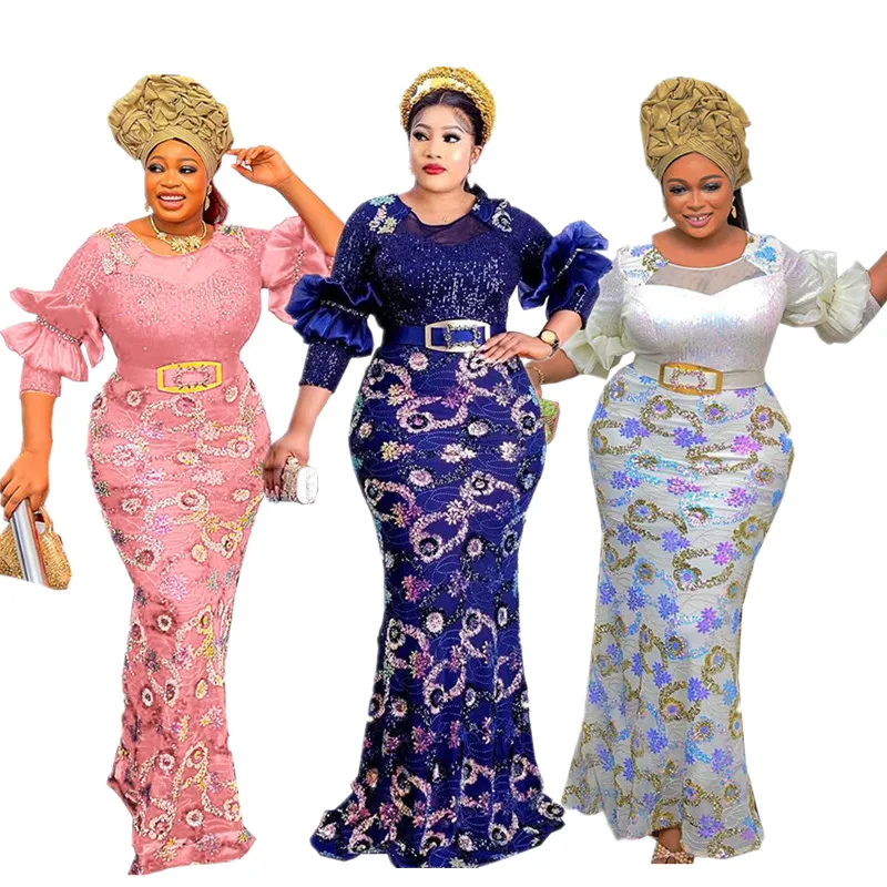 Elegant แอฟริกัน Sequins หรูหราชุดราตรีงานแต่งงานชุดยาวสําหรับผู้หญิง Bodycon Mermaid Maxi ชุดราตรีแอฟริกาเสื้อผ้า