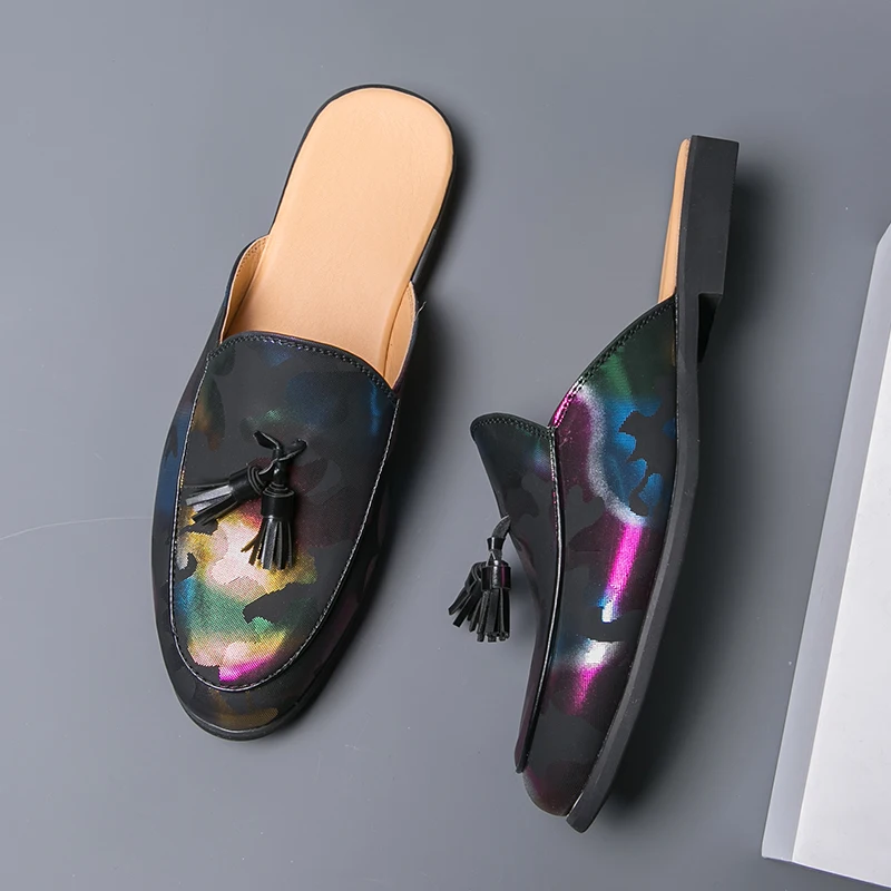 

Мужские мюли больших размеров, летние разноцветные полутапочки, удобные дышащие кожаные сандалии без застежек, повседневная пляжная обувь для мужчин