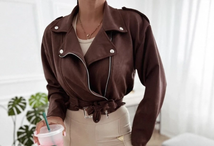 

2025 Women's Fall/Winter New Short-Sleeved Solid Color Jacket Top with Tie Design