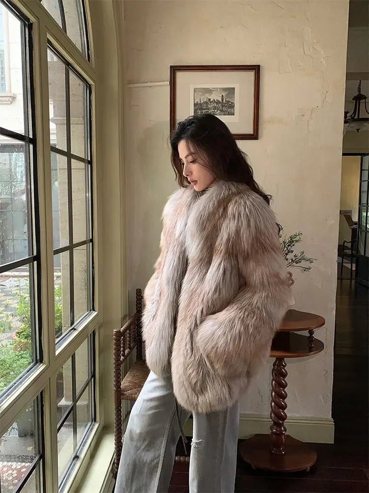 Red fox fur jacket women\'s stand-up collar medium and long loose long-sleeved fur jacket