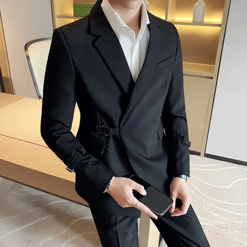 High-end boutique (suit + trousers) Fashion metal buckle suit men's suit classic suit diagonal buckle plankton Shai two pice set