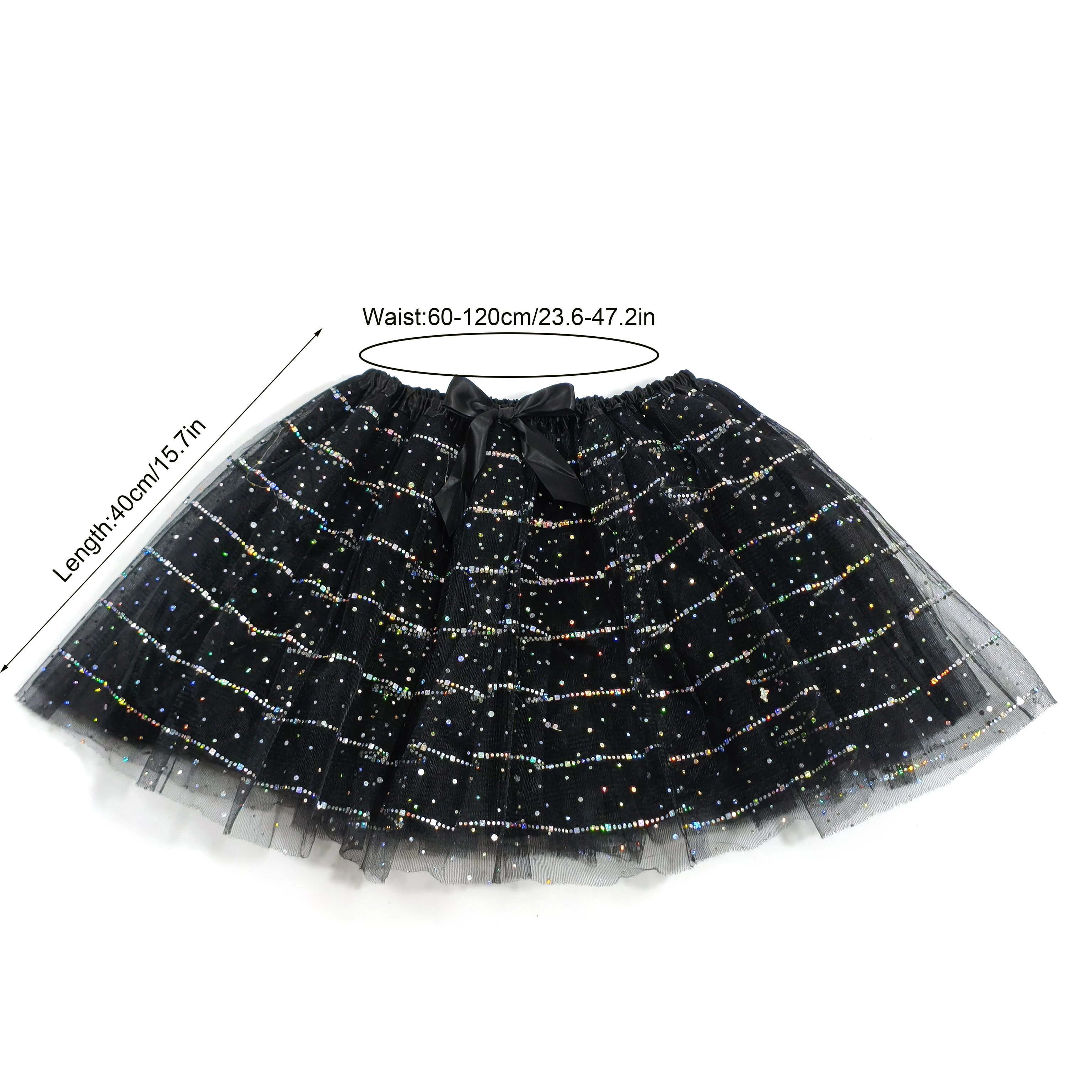 Ladies Black Shiny Sequin Tulle Skirt with Butterfly Knot Elastic Waist Half-length Short Skirt for Halloween Party Stage Perfor