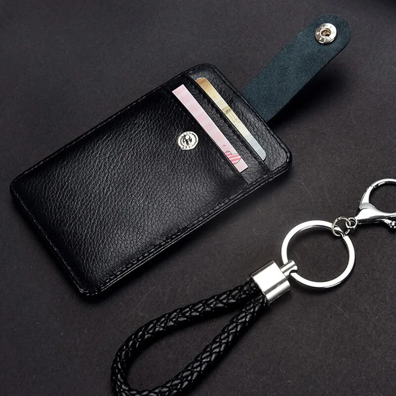 Multi Slots Genuine Leather ID Badge Case with Woven Hand Strap for Office Campus Subway Bus Access Name Card Holder