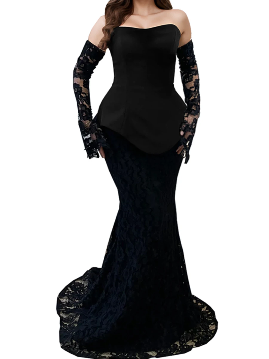 

2 Piece Set Lace Strapless Top and Long Skirts Party Set